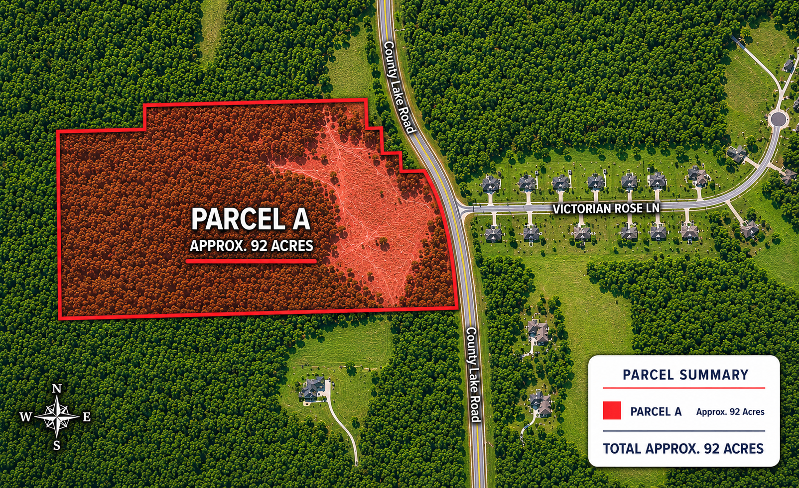 Aerial map showing the approximately 92-acre Parcel A off County Lake Road near Victorian Rose Lane