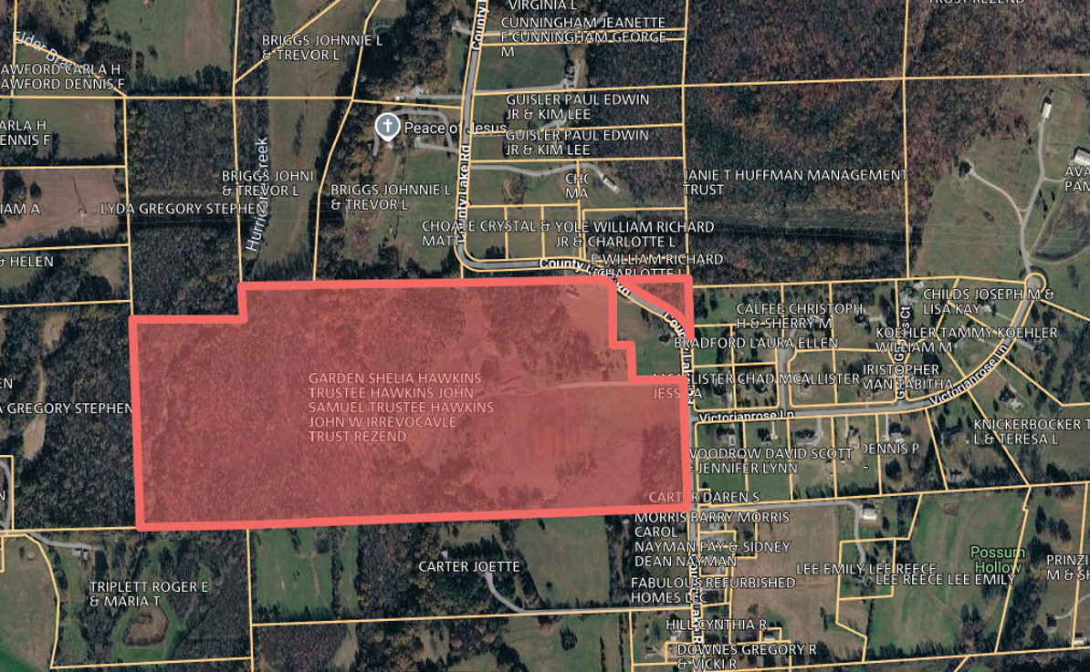 Plat-style aerial view of the approximately 92-acre tract with surrounding parcel owners labeled
