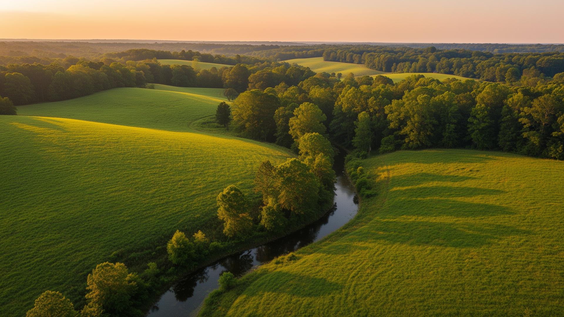 Rolling pastureland and creek in north Alabama at sunset