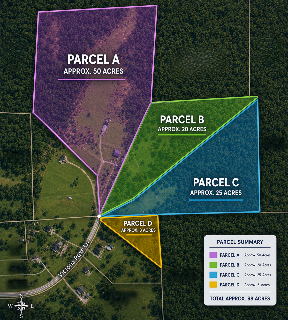 Aerial map showing Parcels A, B, C, and D off Victorian Rose Lane in North Alabama